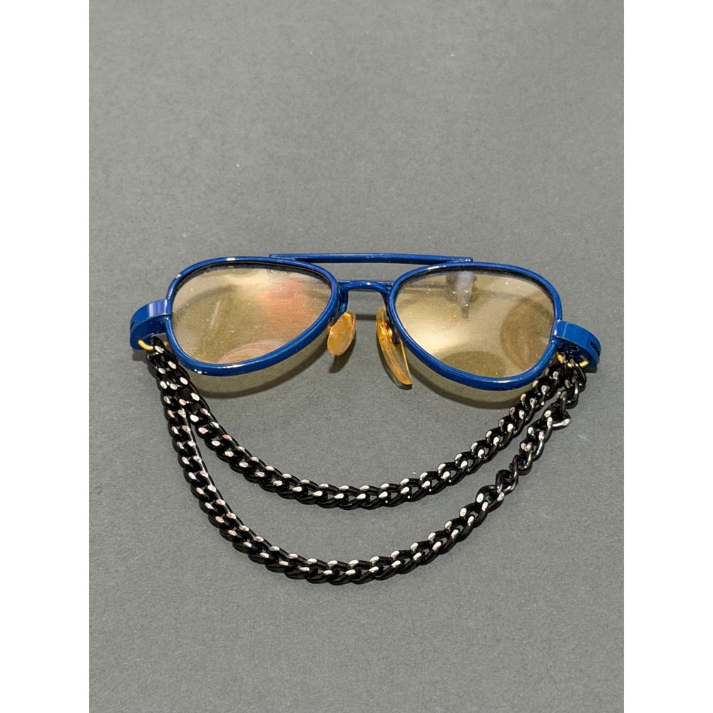 Vintage Aviator Sunglasses Brooch Blue Metal Retro Novelty Pin Dangle Chain